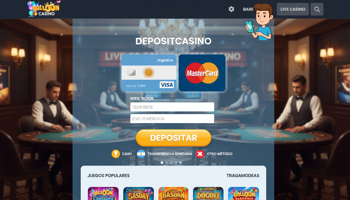 Un cartel con “Depósitos para jugar Balloon de SmartSoft en Argentina” donde se vean logos de Visa y Mastercard y ambiente de casino en vivo.